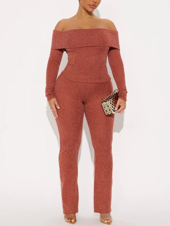 Fashion Nova Pants - Fashion Nova Rust Off Shoulder Pant Set 2 Piece Wide Leg Stretch Size Large